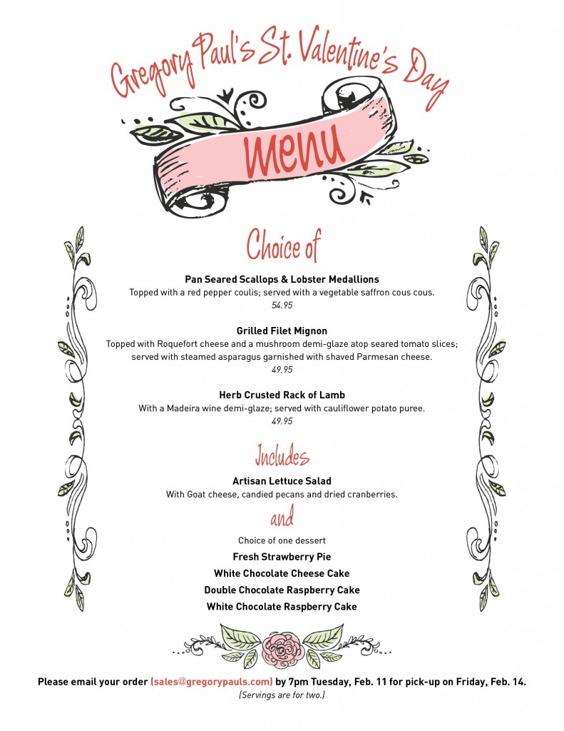 Gregory Paul's Valentine's Day Menu